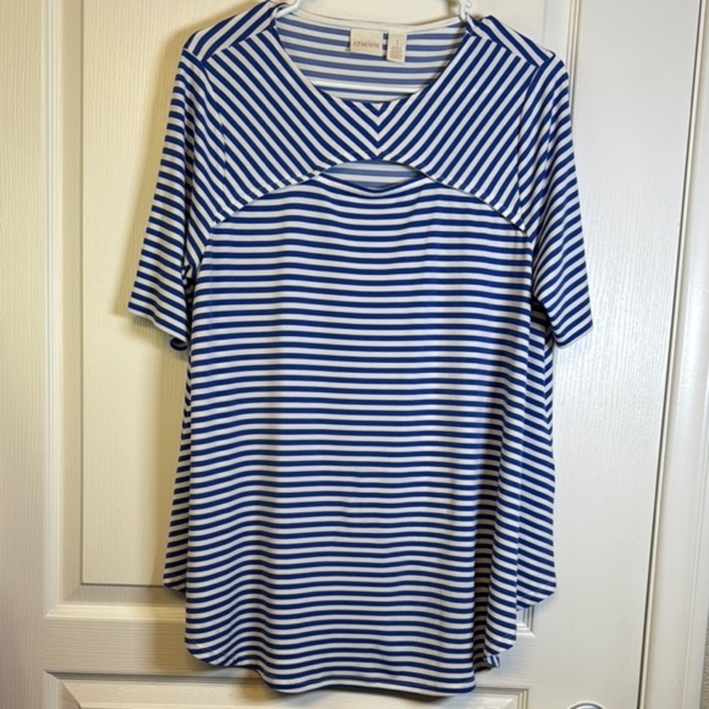 Chico's Blue White Stripe Keyhole Short Sleeve Blouse Size 1/MED EUC #2596